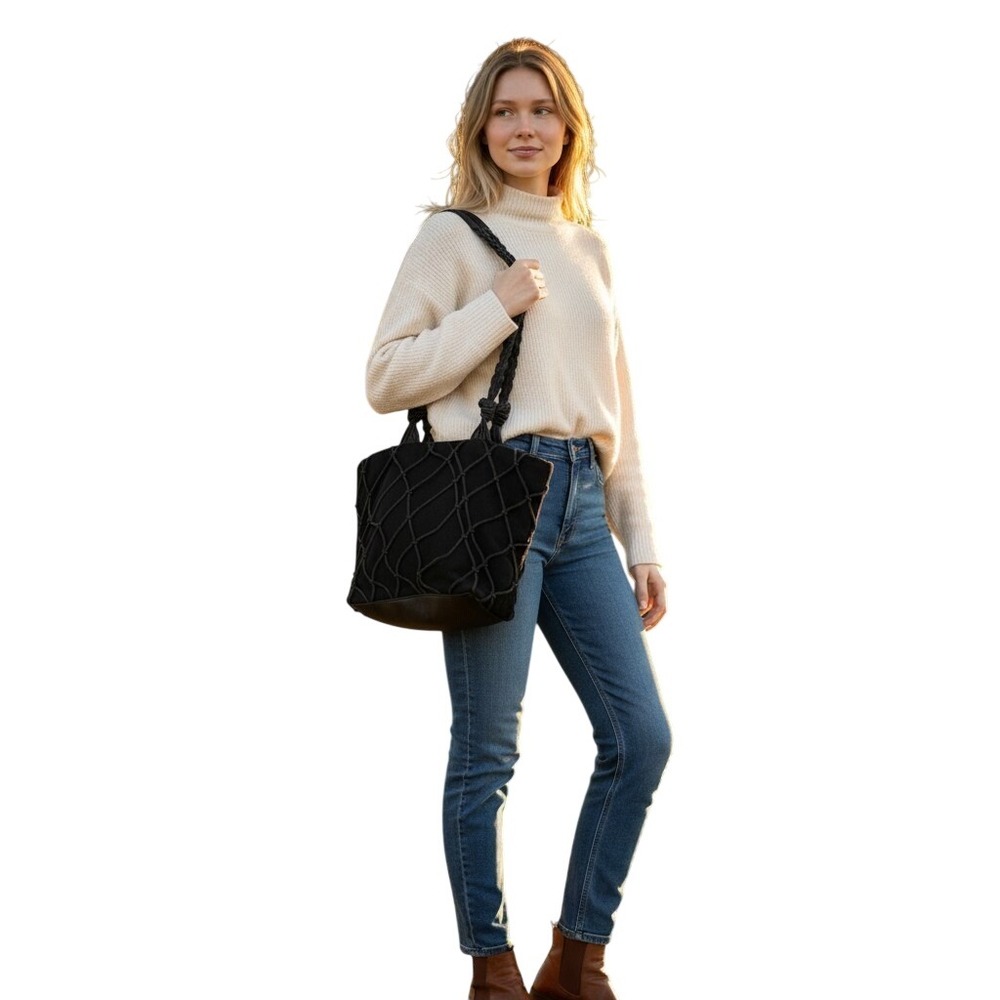 Brizzolari Purse Black Leather Fishnet Woven Braided Handles Made‎ in Italy